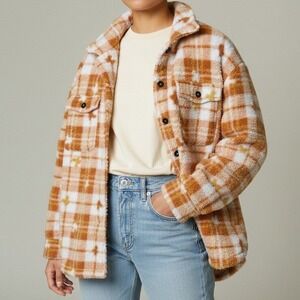 Disney Mickey Mouse Women Shacket L Orange Plaid Sherpa Fleece Disneycore Cozy